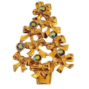 Avon Vintage 1992 Aurora Borealis Stones and Bow Christmas Tree Pin Brooch